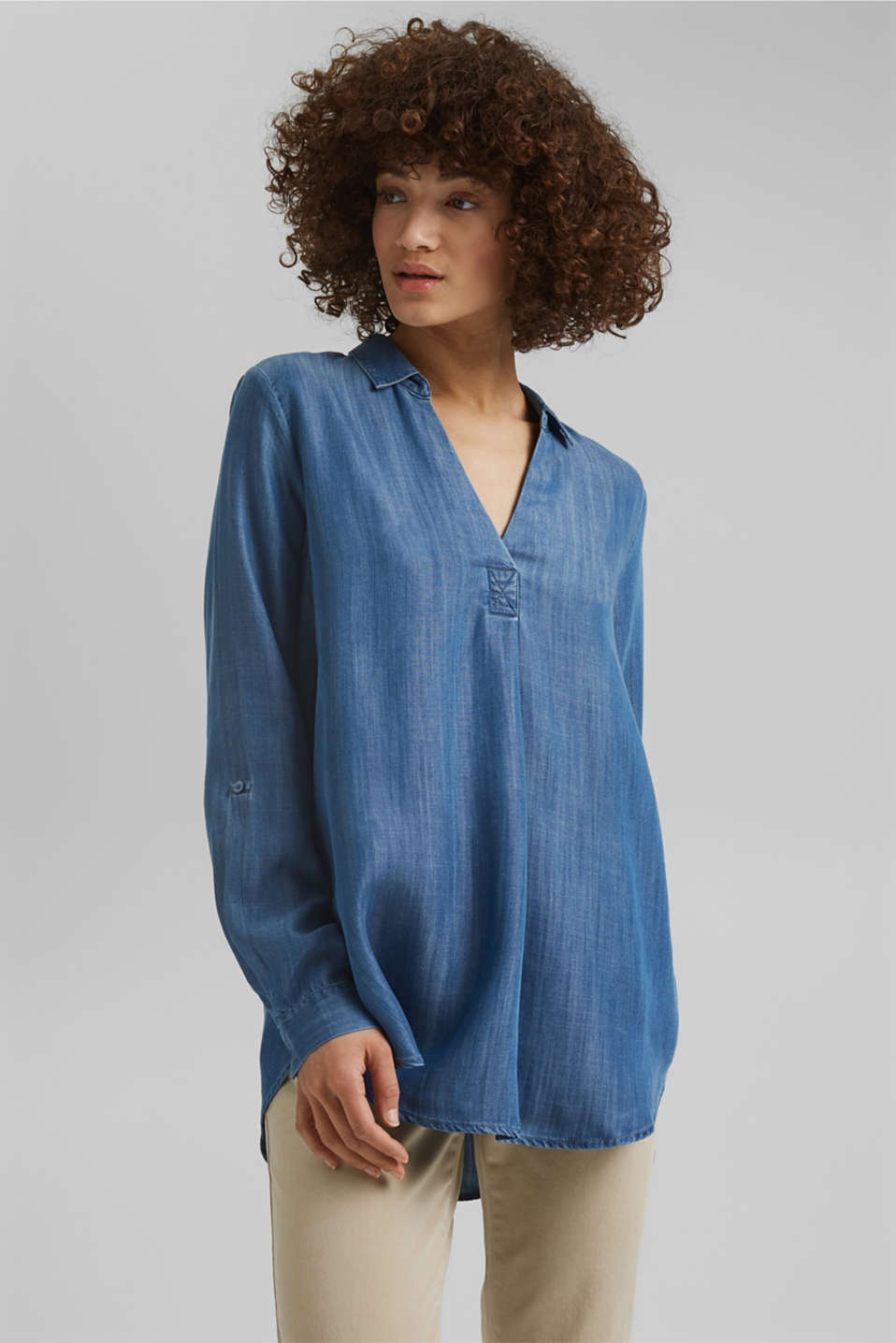 Esprit - Made of TENCEL™ lyocell: Denim blouse at our Online Shop