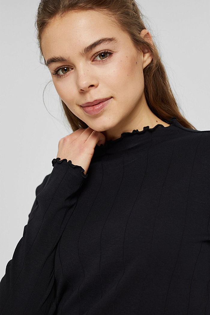 Long sleeve top with wavy edges, BLACK, overview