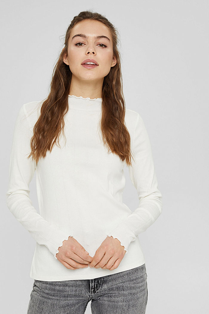 Long sleeve top with wavy edges, OFF WHITE, detail image number 0