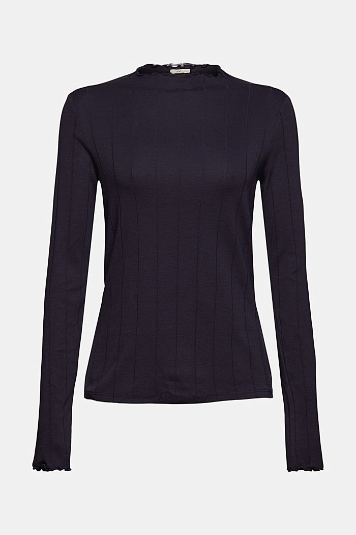 Long sleeve top with wavy edges, NAVY, overview