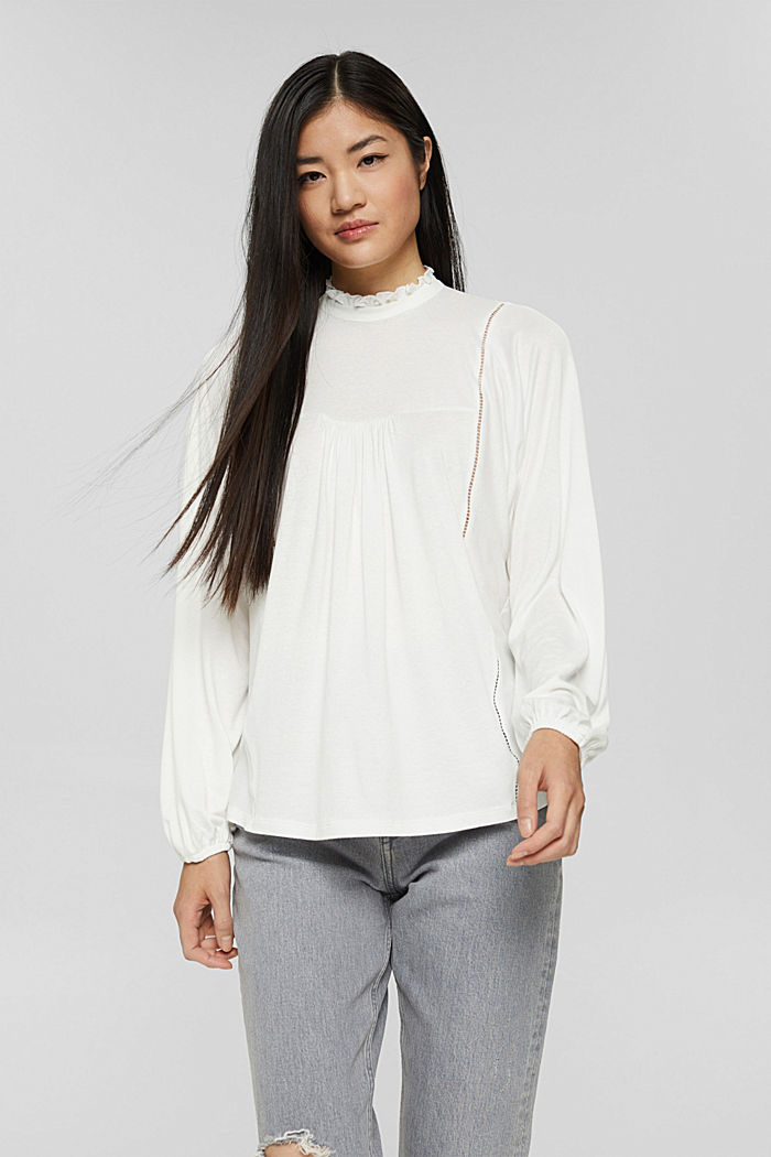 Longsleeve met ruches, LENZING™ ECOVERO™, OFF WHITE, overview