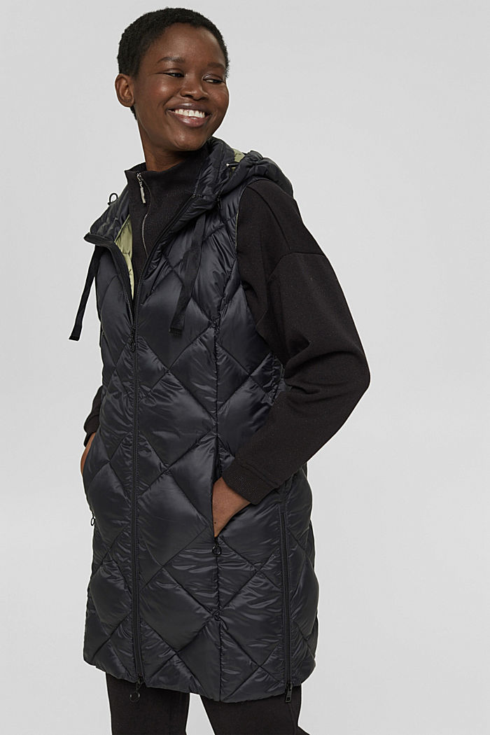 Recycled: long quilted body warmer with hood