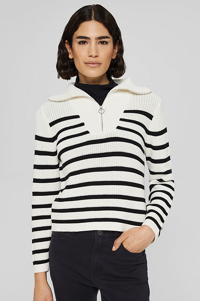 Knitted zip-neck jumper with a striped pattern, OFF WHITE 3, detail image number 0