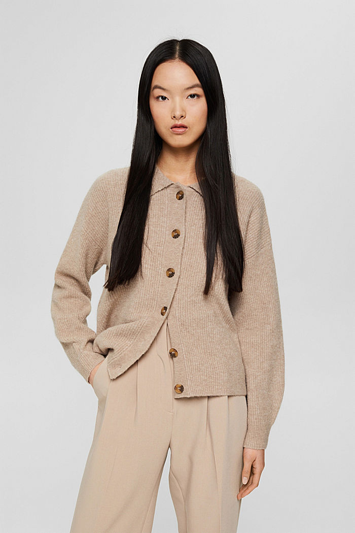 Wool blend: cardigan with a turn-down collar, LIGHT TAUPE, detail image number 0