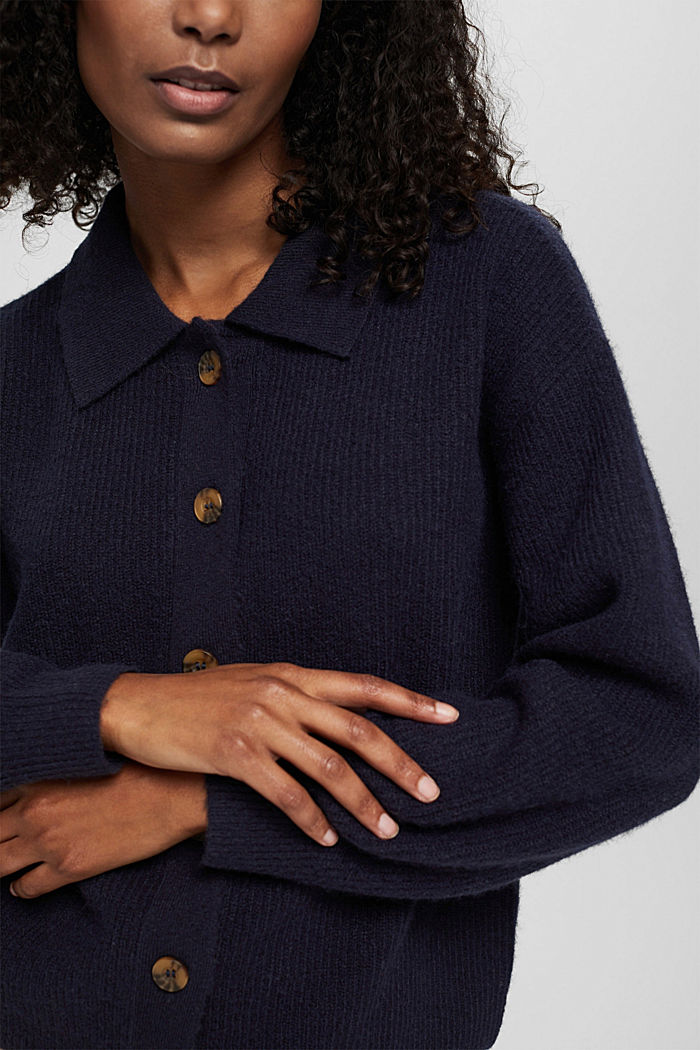 Wool blend: cardigan with a turn-down collar, NAVY, detail image number 2