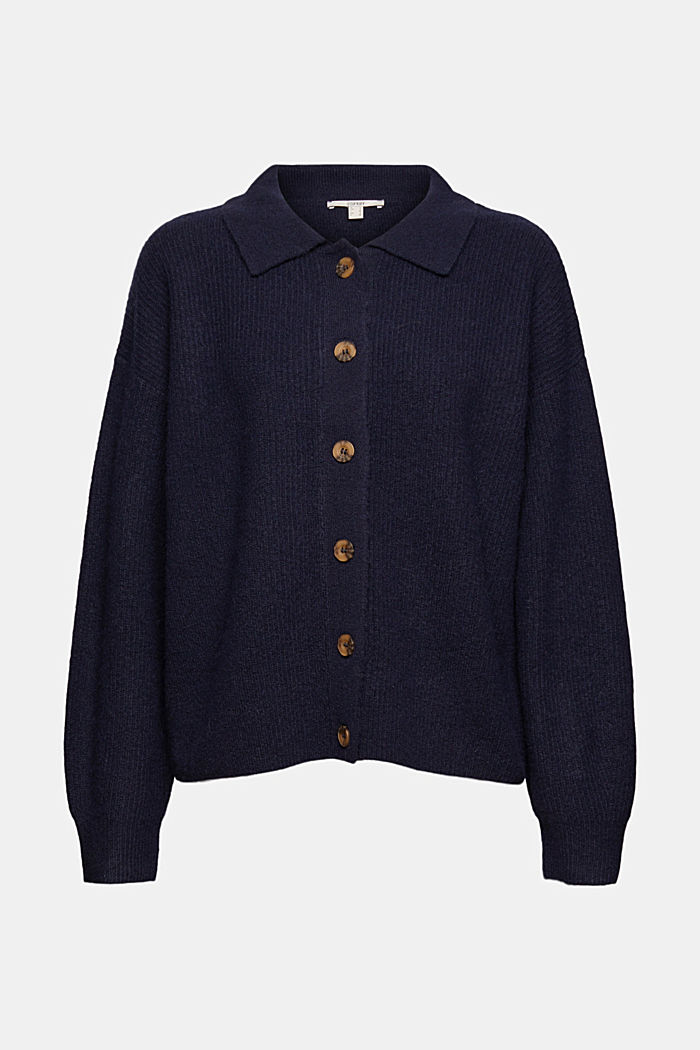 Wool blend: cardigan with a turn-down collar, NAVY, overview