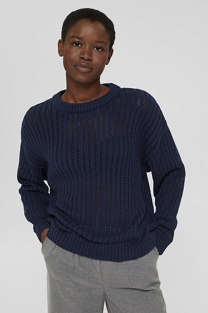 Patterned knit jumper made of organic cotton, NAVY, overview