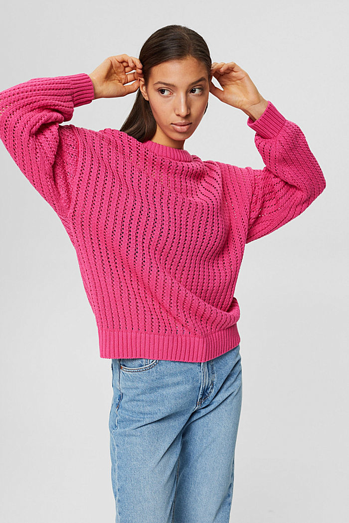 Sweter z dzianinowym wzorem z bawełny organicznej, PINK FUCHSIA, detail image number 0
