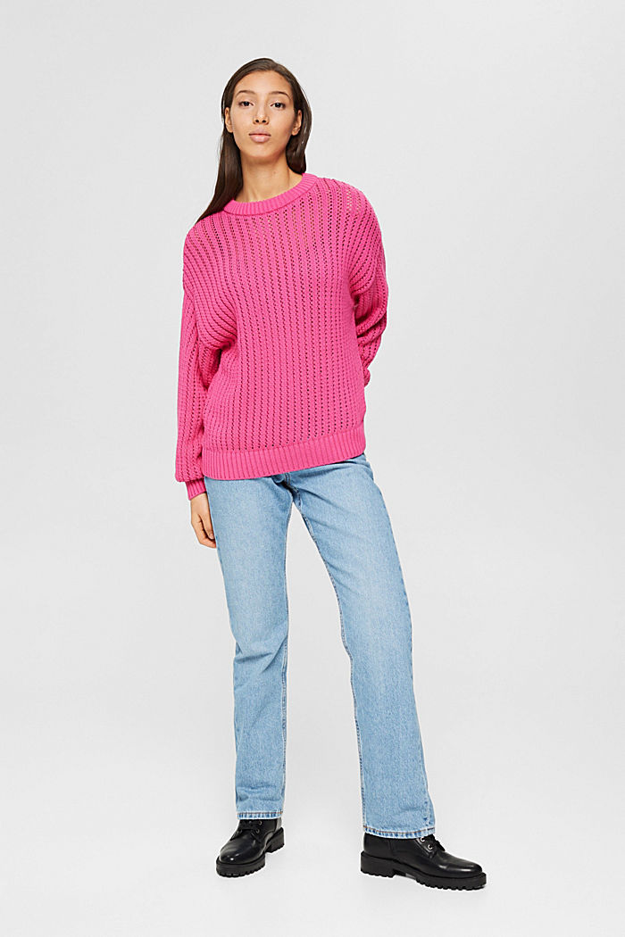 Sweter z dzianinowym wzorem z bawełny organicznej, PINK FUCHSIA, overview
