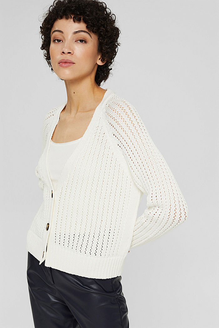 Openwork knit cardigan, organic cotton, OFF WHITE, overview