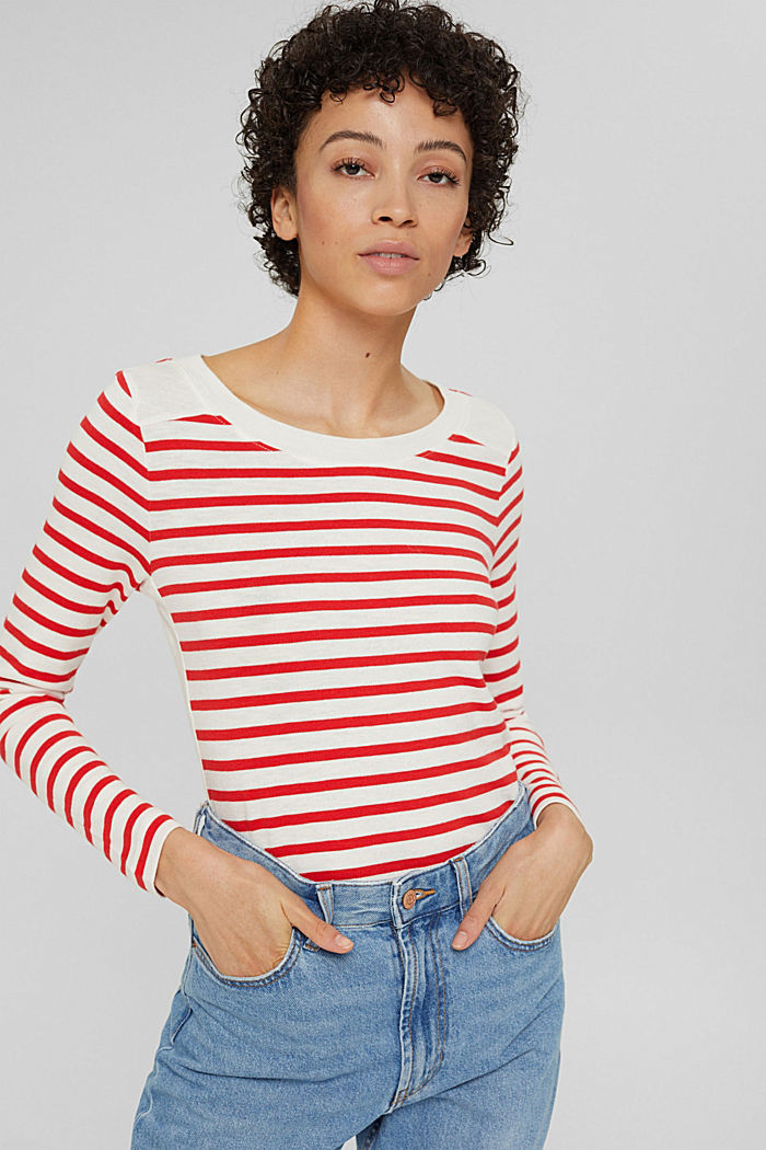 Camiseta de manga larga a rayas en algodón, ORANGE RED, detail image number 0