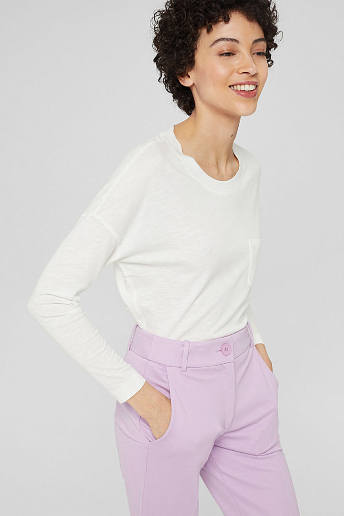 Long sleeve top with a pocket, organic cotton blend, OFF WHITE, overview