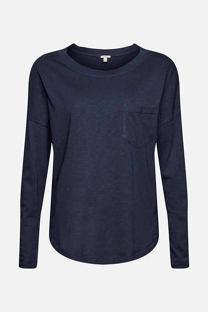 Long sleeve top with a pocket, organic cotton blend, NAVY, overview