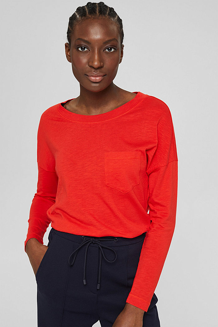 Long sleeve top with a pocket, organic cotton blend, ORANGE RED, detail image number 0