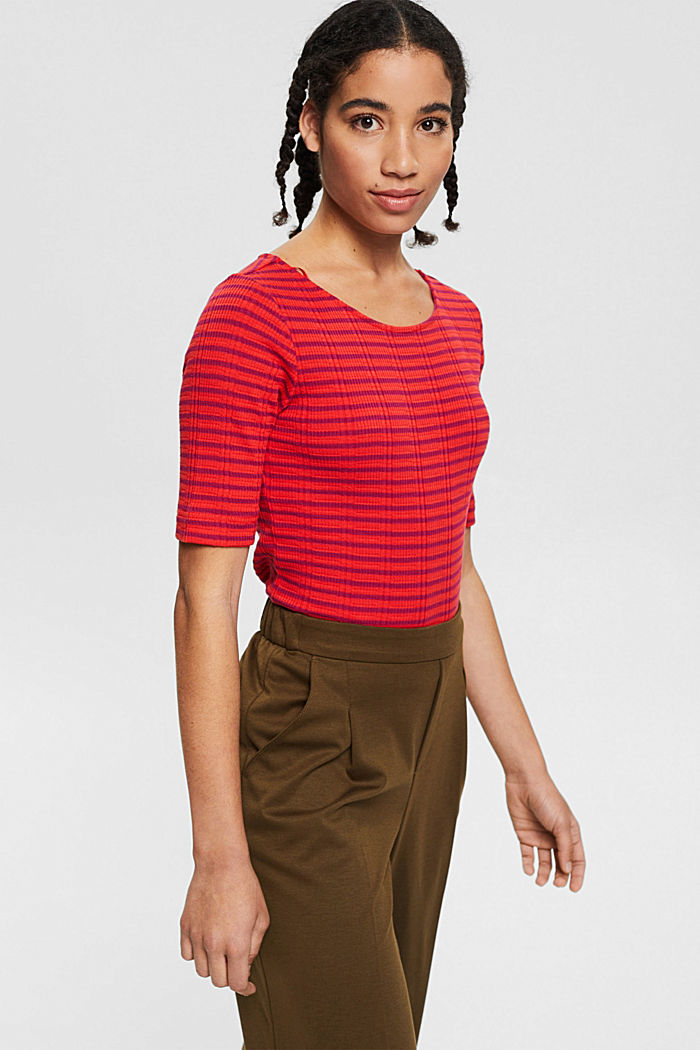 Rippstrick-Shirt mit Streifen, Baumwoll-Mix, ORANGE RED, detail image number 0