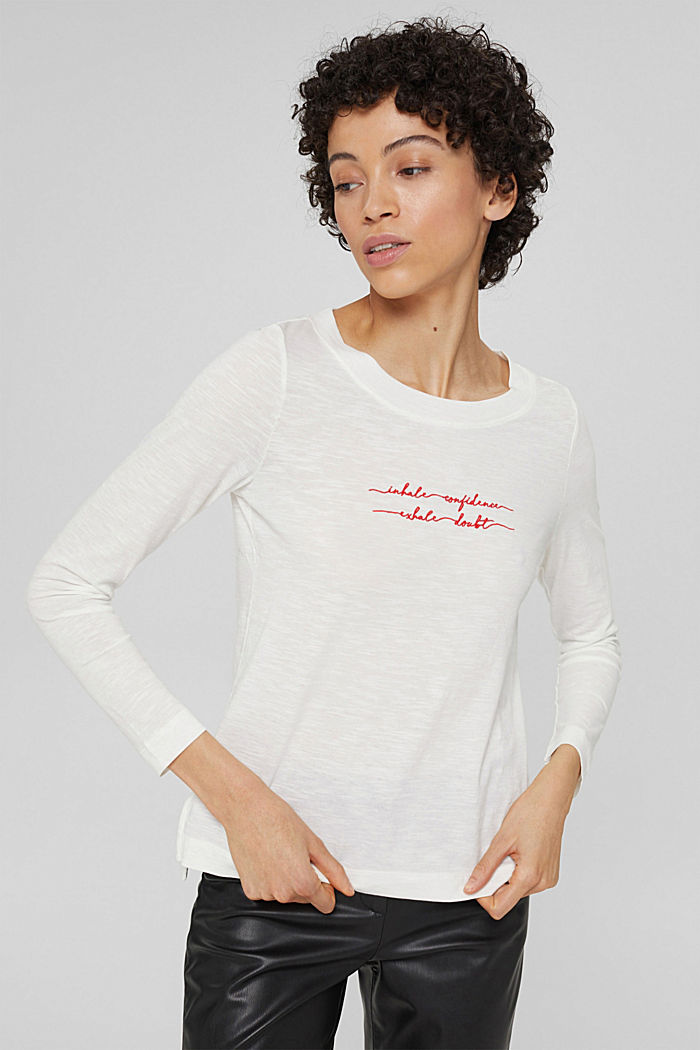 Embroidered long sleeve top, 100% cotton, OFF WHITE, overview