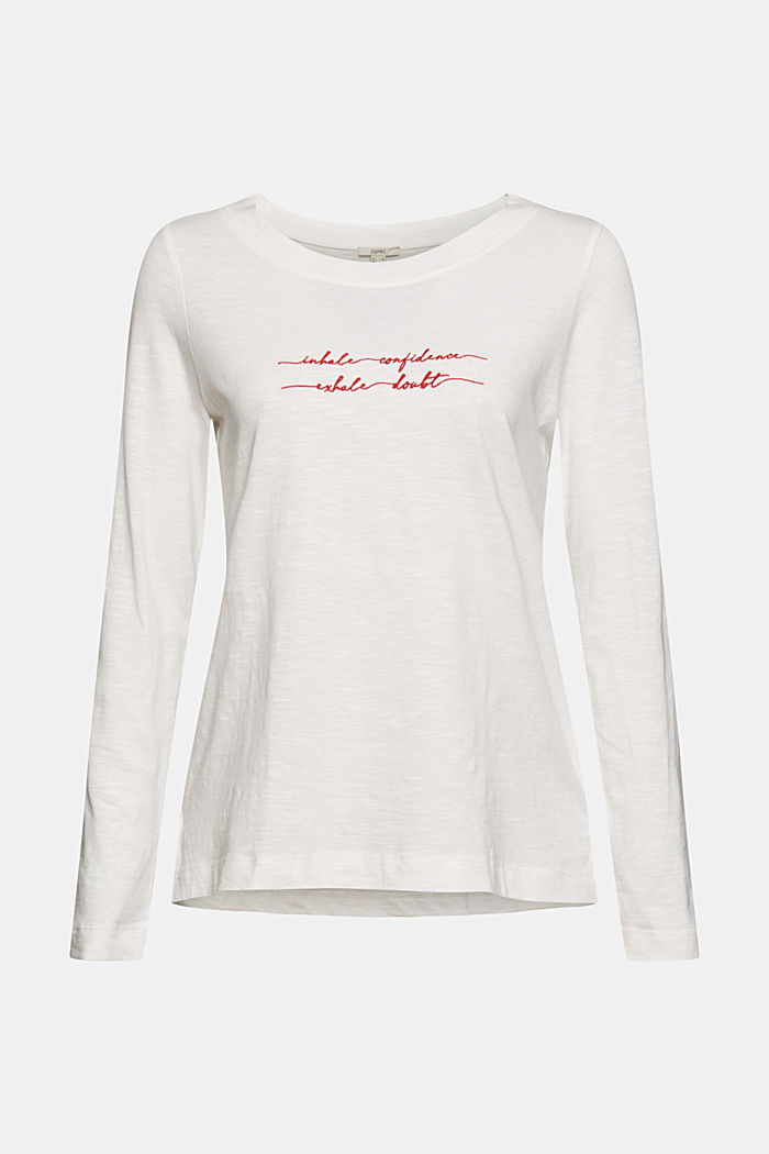 Embroidered long sleeve top, 100% cotton, OFF WHITE, overview