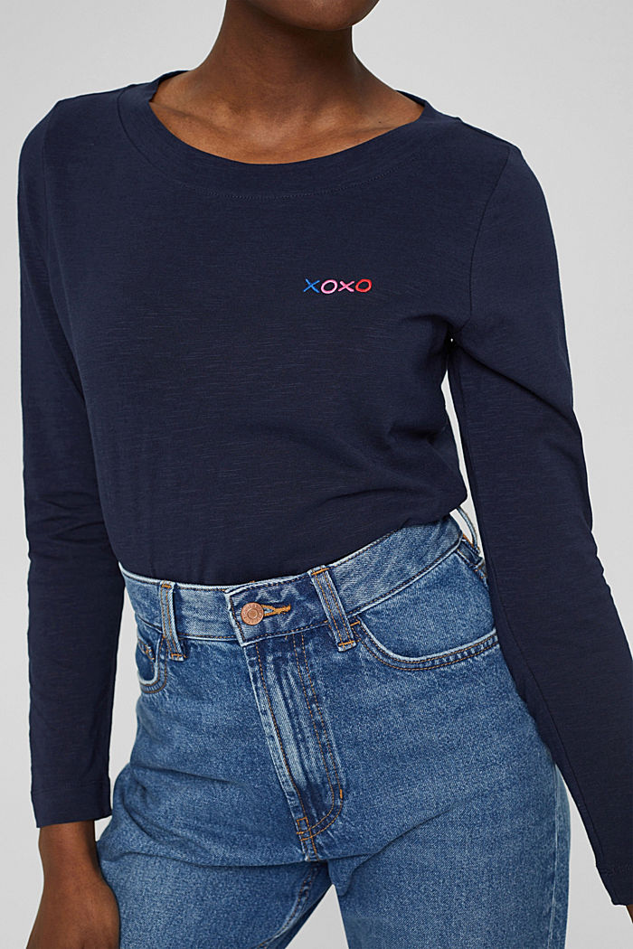 Embroidered long sleeve top, 100% cotton, NAVY, detail image number 2