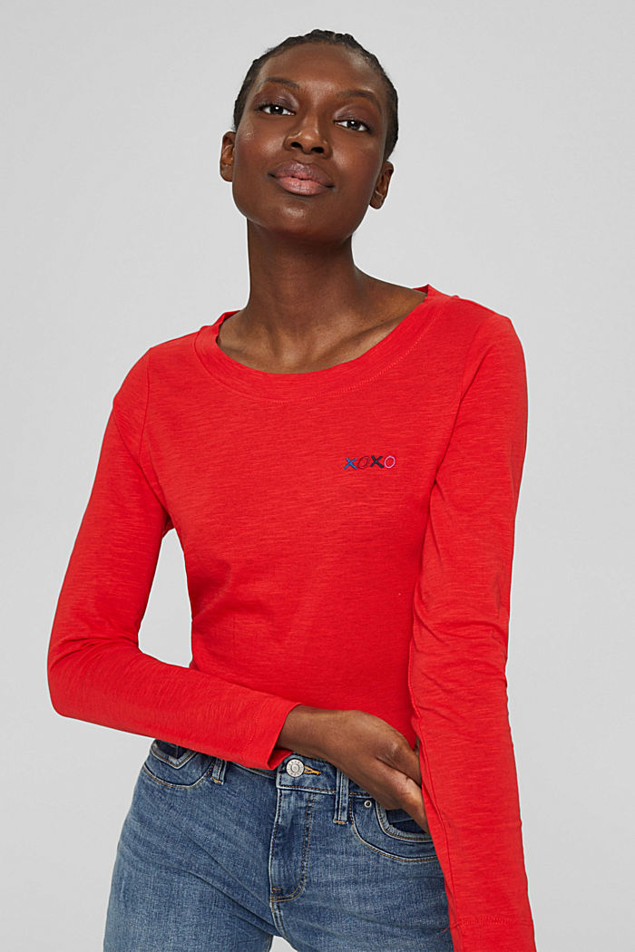 Embroidered long sleeve top, 100% cotton, ORANGE RED, overview