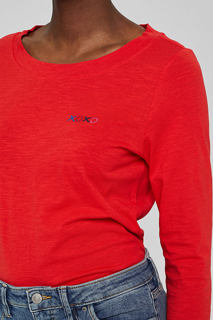 Embroidered long sleeve top, 100% cotton, ORANGE RED, detail image number 2