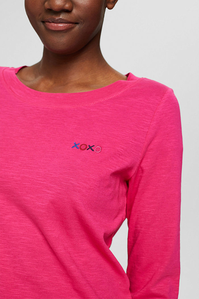 Embroidered long sleeve top, 100% cotton, PINK FUCHSIA, detail image number 2