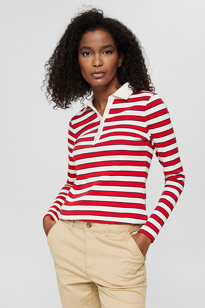 Prążkowana bluzka z długim rękawem w stylu polówki, ORANGE RED, detail image number 0