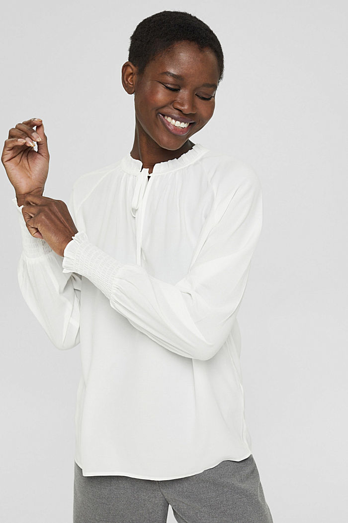 Blouse with frills and smocked details, OFF WHITE, detail image number 0