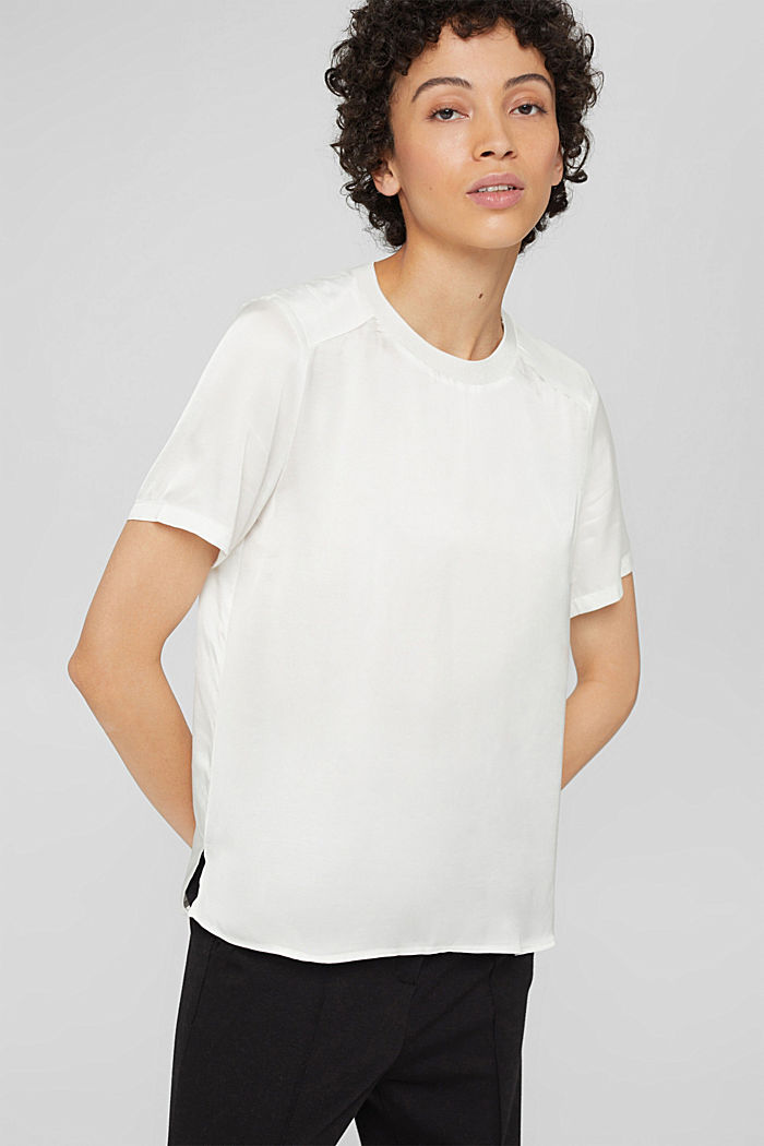 Short sleeve silk-effect blouse, OFF WHITE, detail image number 0