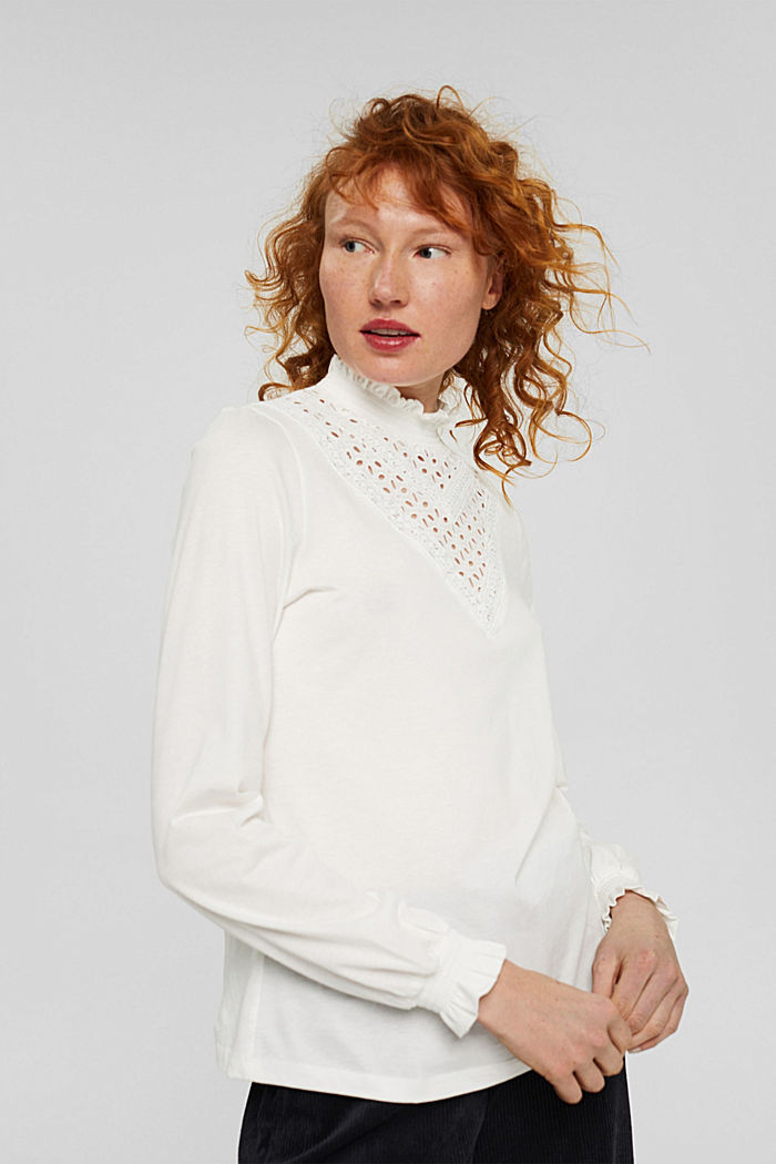Long sleeve top with crocheted lace, TENCEL™, OFF WHITE, overview