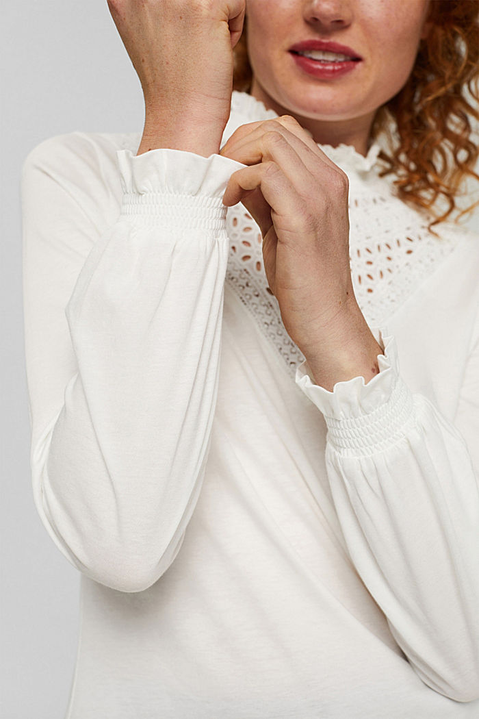 Long sleeve top with crocheted lace, TENCEL™, OFF WHITE, detail image number 2