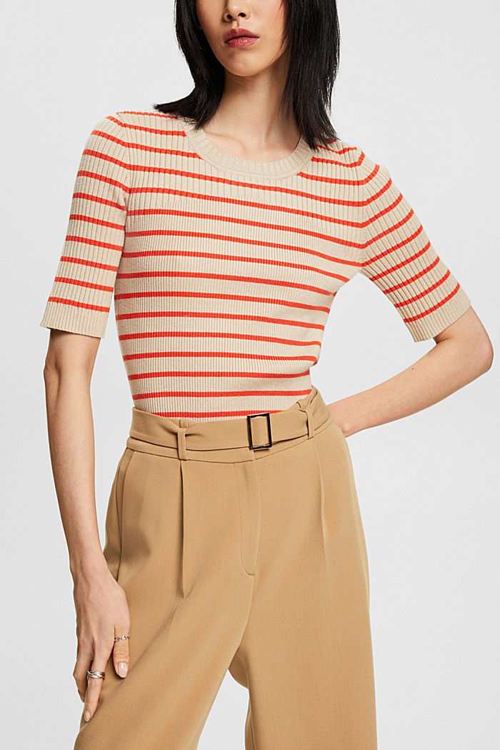 Short-sleeved ribbed sweater, LIGHT TAUPE, detail-asia image number 0