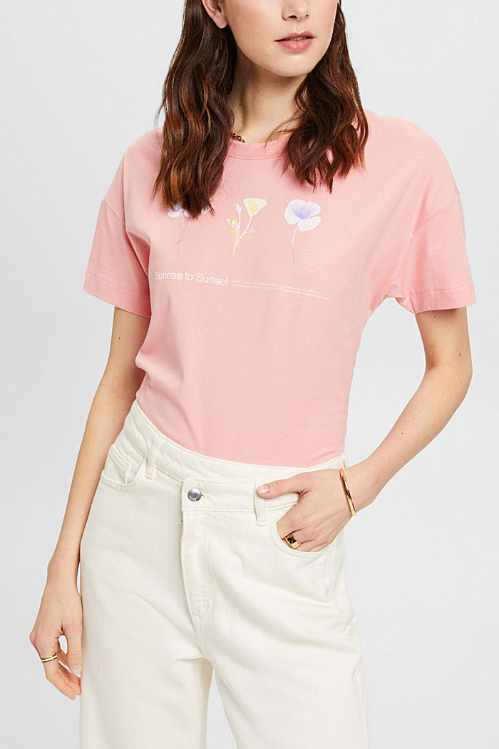 T-shirt with floral chest print, PINK, detail-asia image number 0