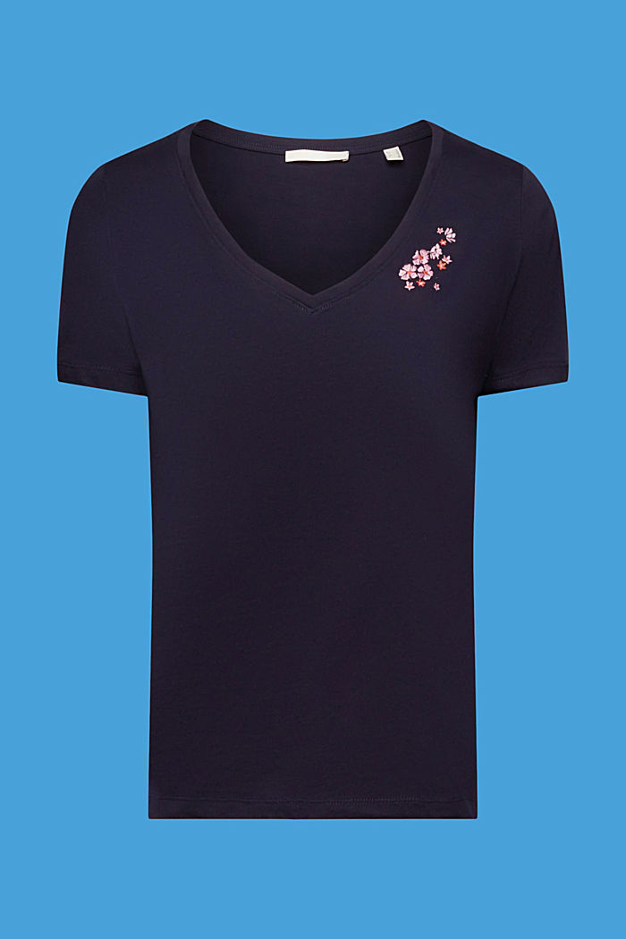 花卉刺繡V領T恤, 海軍藍, detail-asia image number 5