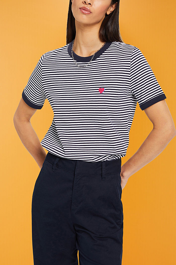 Striped cotton t-shirt with embroidered motif, NAVY, detail-asia image number 0