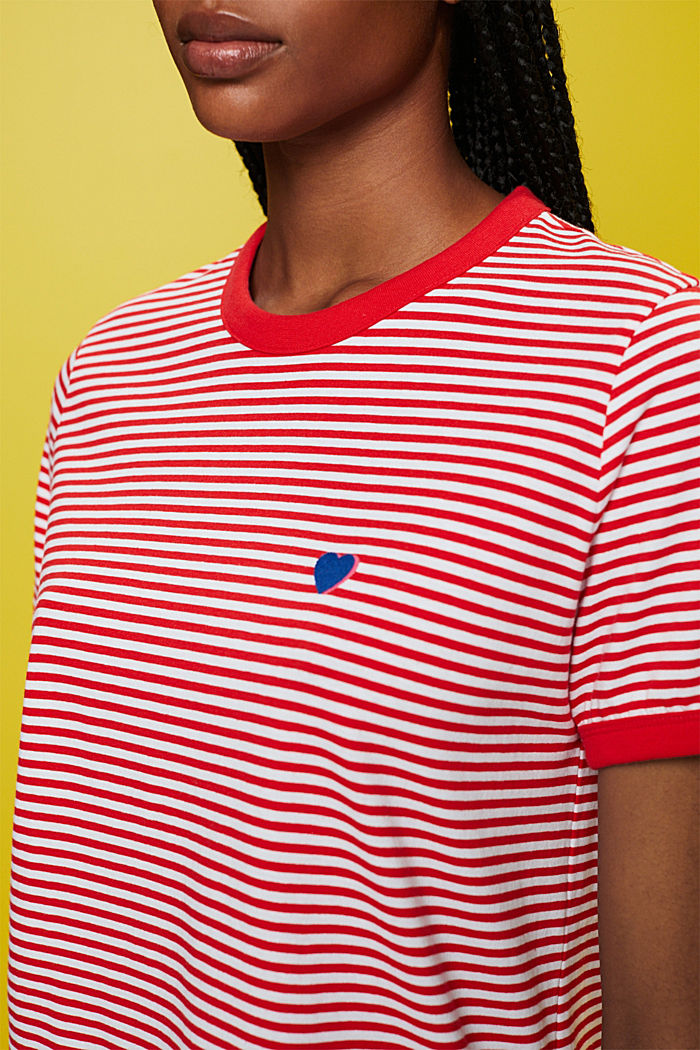 刺繡圖案條紋全棉T恤, 紅色, detail-asia image number 2