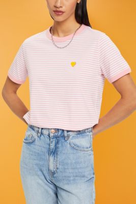자수 디자인의 스트라이프 코튼 티셔츠