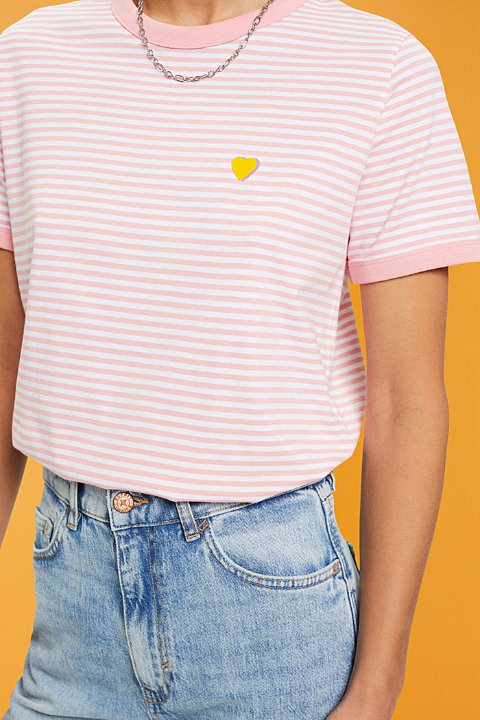 刺繡圖案條紋全棉T恤, 粉紅色, detail-asia image number 2