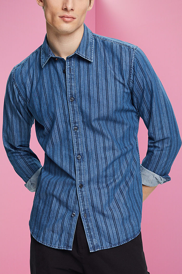 Slim fit denim shirt with stripes, NAVY/BLUE, detail-asia image number 0