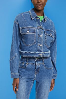 Cropped denim jacket with frayed trim