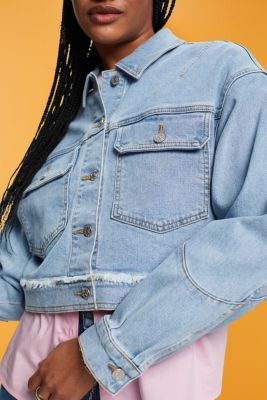 Cropped denim jacket with frayed trim, BLUE LIGHT WASHED, detail-asia image number 2