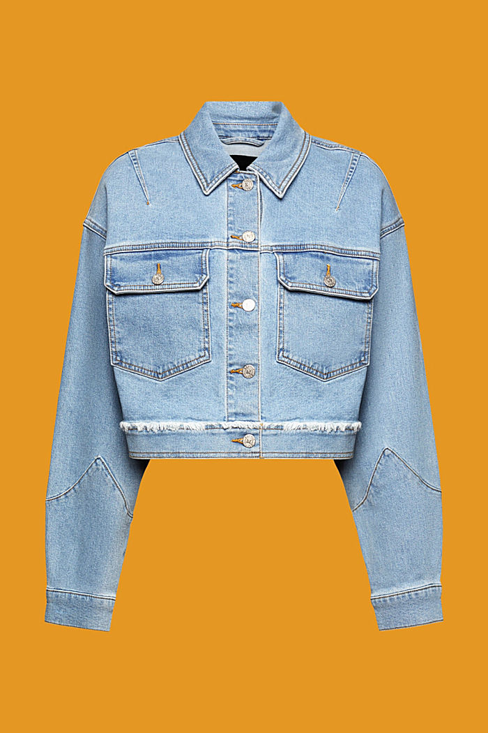 Cropped denim jacket with frayed trim, BLUE LIGHT WASHED, detail-asia image number 5