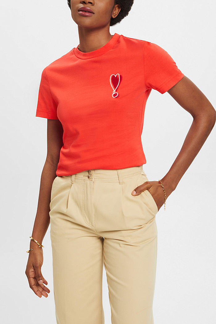 Cotton T-shirt with embroidered heart motif, ORANGE RED, detail-asia image number 0