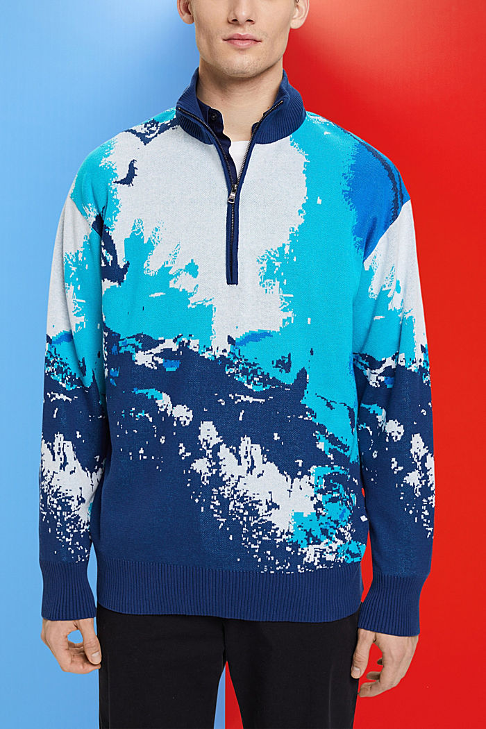 Half-zip jumper with wave pattern, BLUE, detail-asia image number 0
