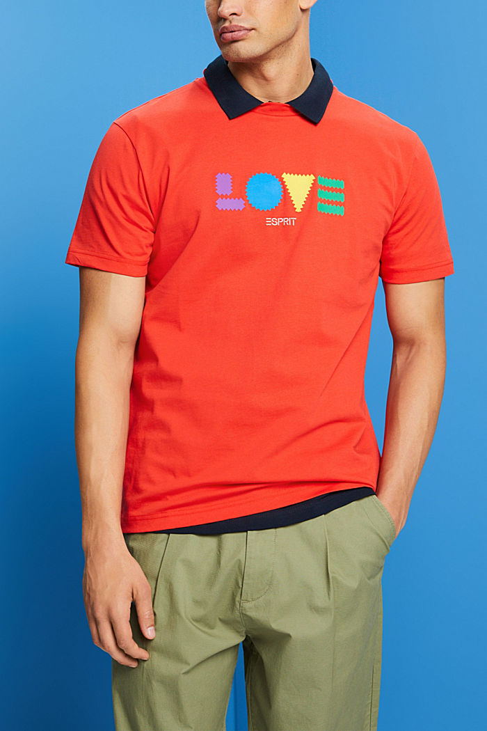 「LOVE」字樣幾何印花有機棉T恤, 橙紅色, detail-asia image number 0