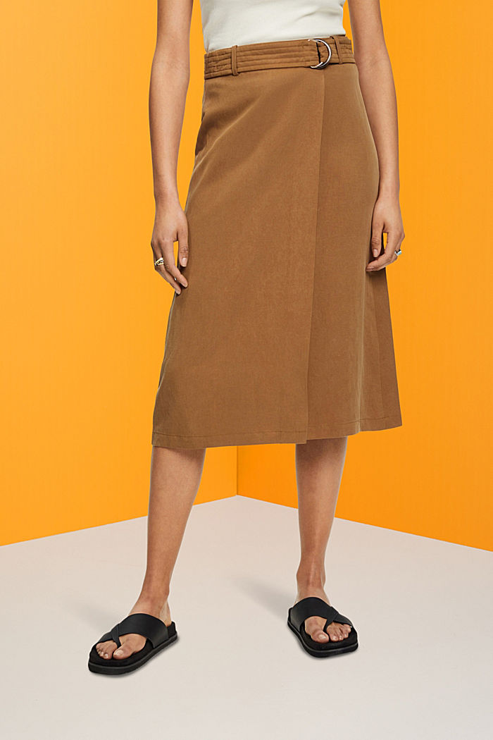 Linen blend midi skirt with belt, PALE KHAKI, detail-asia image number 0