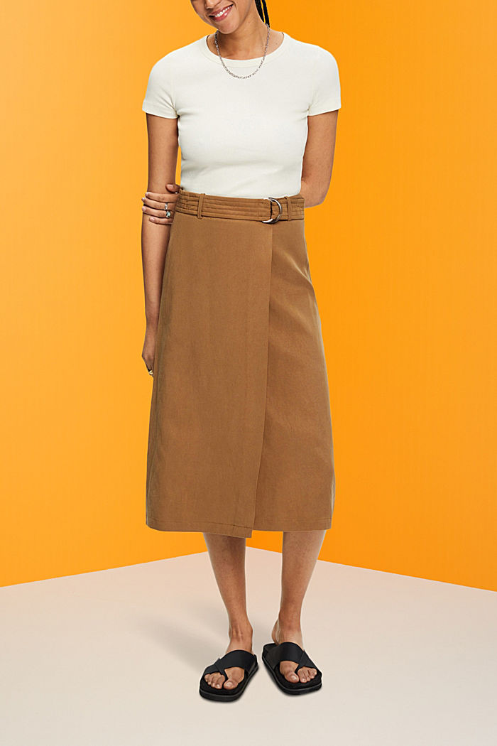 Linen blend midi skirt with belt, PALE KHAKI, detail-asia image number 3