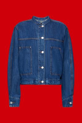Collarless denim jacket with drawstrings