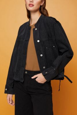 Collarless denim jacket with drawstrings
