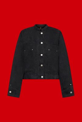 Collarless denim jacket with drawstrings