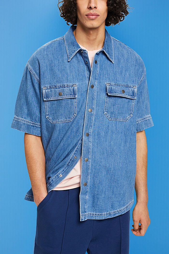 Boxy denim short-sleeved shirt, BLUE MEDIUM WASHED, detail-asia image number 0